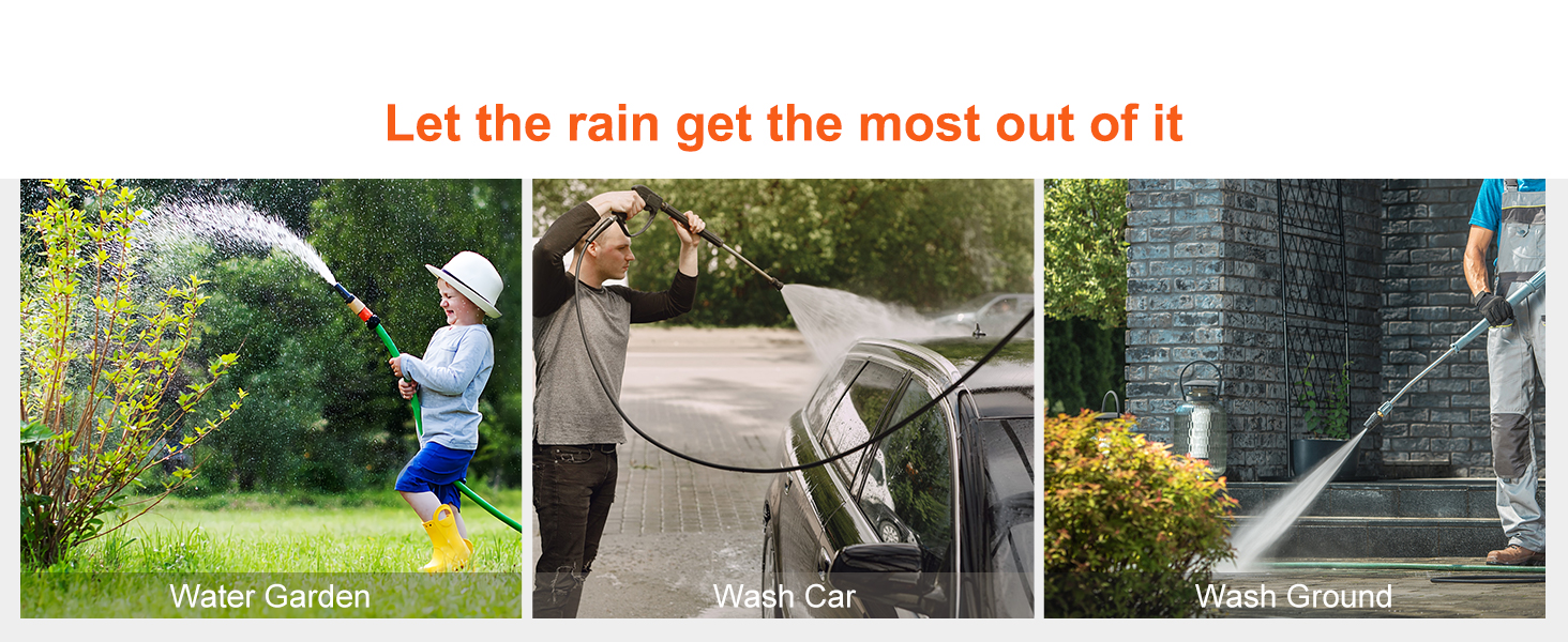 watering plants, washing a car, and cleaning pavement using VEVOR rain barrel collected water.