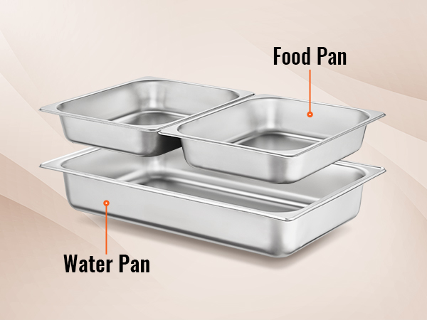 VEVOR chafing dish set with labeled food and water pans, perfect for catering and buffet use.