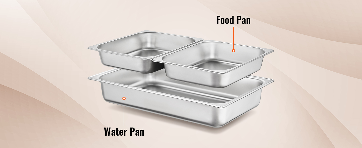 VEVOR chafing dish set with labeled food and water pans, perfect for catering and buffet use.