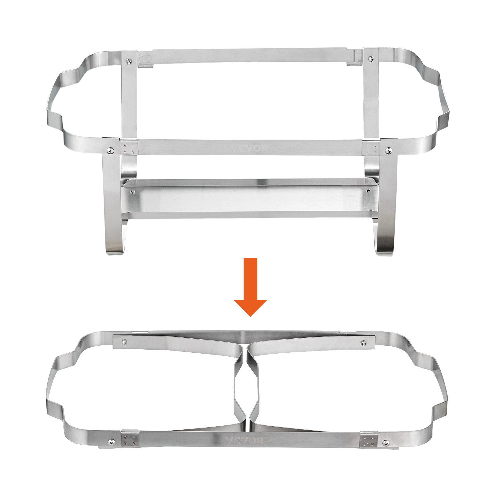 VEVOR chafing dish set foldable stainless steel frame with orange arrow showing foldable feature.