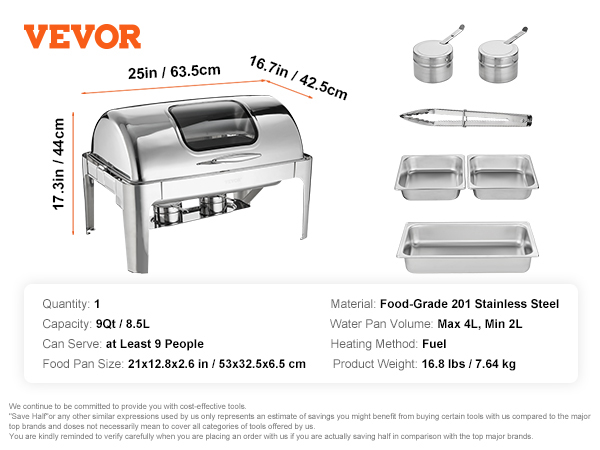VEVOR chafing dish, food-grade stainless steel, 9qt capacity, fuel heating, can serve up to 9 people.