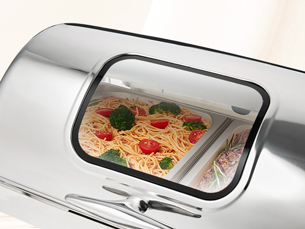 Блюдо для запекания VEVOR с макаронами, брокколи и помидорами черри на сковороде из нержавеющей стали.