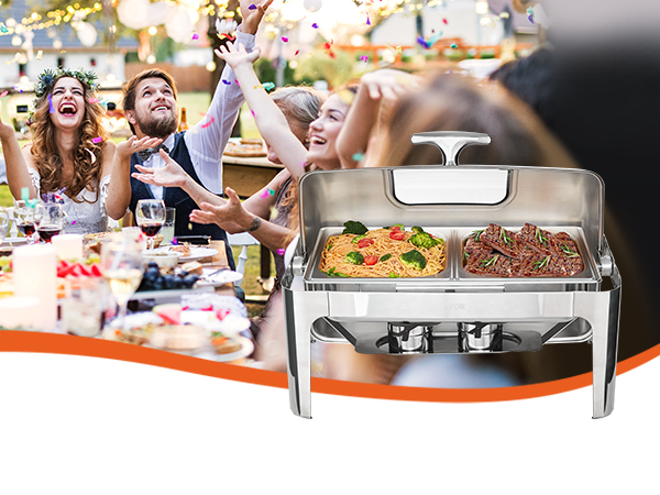 Блюдо для натирания VEVOR, приготовленное на открытом воздухе в окружении людей, с макаронными и мясными блюдами.