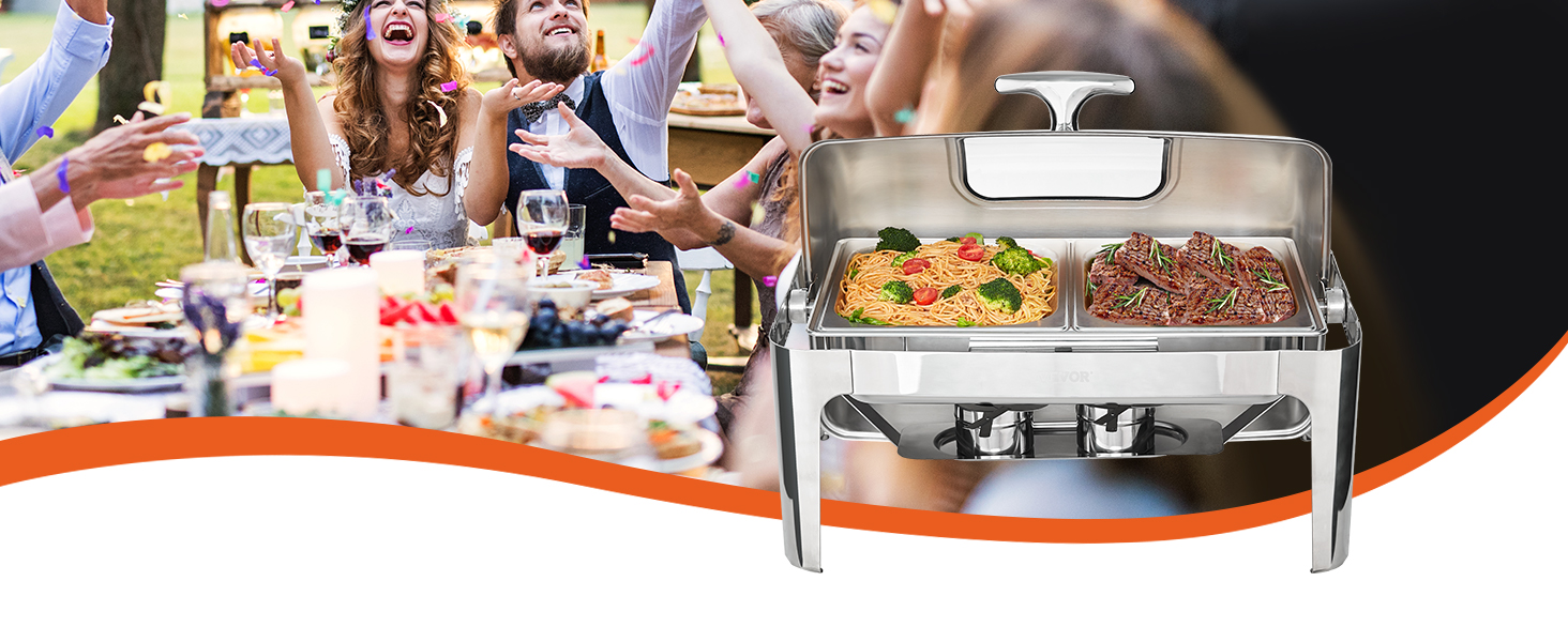 Блюдо для натирания VEVOR, приготовленное на открытом воздухе в окружении людей, с макаронными и мясными блюдами.