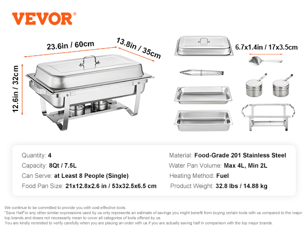 VEVOR chafing dish set, 8qt, stainless steel, serves 8 people, includes pans, fuel-based heating.