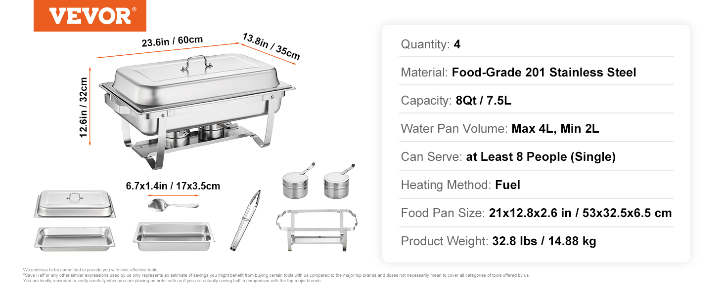 VEVOR chafing dish set, 8qt, stainless steel, serves 8 people, includes pans, fuel-based heating.