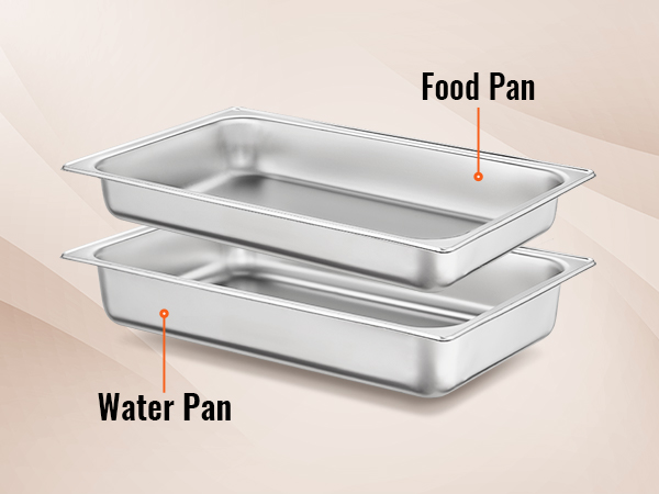 two stainless steel trays labeled "food pan" and "water pan" from VEVOR chafing dish set.