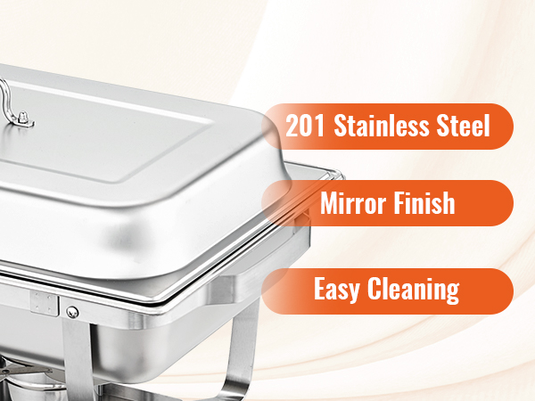 VEVOR chafing dish set with 201 stainless steel, mirror finish, and easy cleaning features.