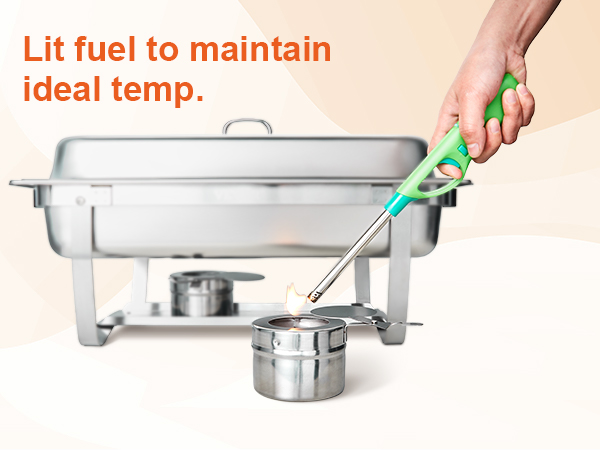 hand lighting fuel under VEVOR chafing dish set to maintain ideal temperature, with off-white background.