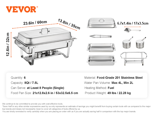 VEVOR chafing dish set, stainless steel, 8qt, serves 8, includes pans, lids, fuel holders, and serving spoon.