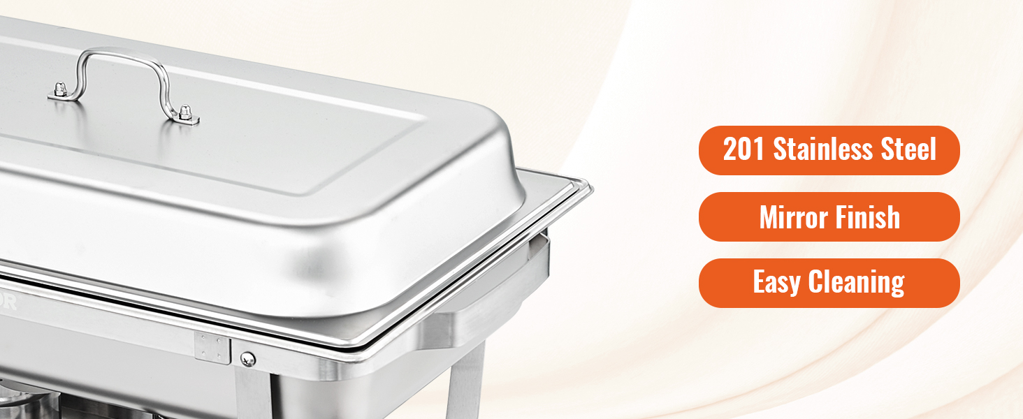 VEVOR chafing dish with lid, 201 stainless steel, mirror finish, easy cleaning features.