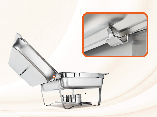 VEVOR chafing dish with stainless steel body and fuel holder, featuring close-up of lid hinge.