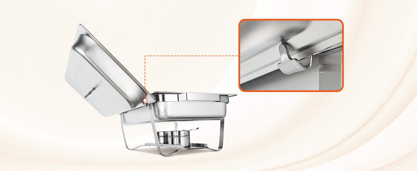 VEVOR chafing dish with stainless steel body and fuel holder, featuring close-up of lid hinge.