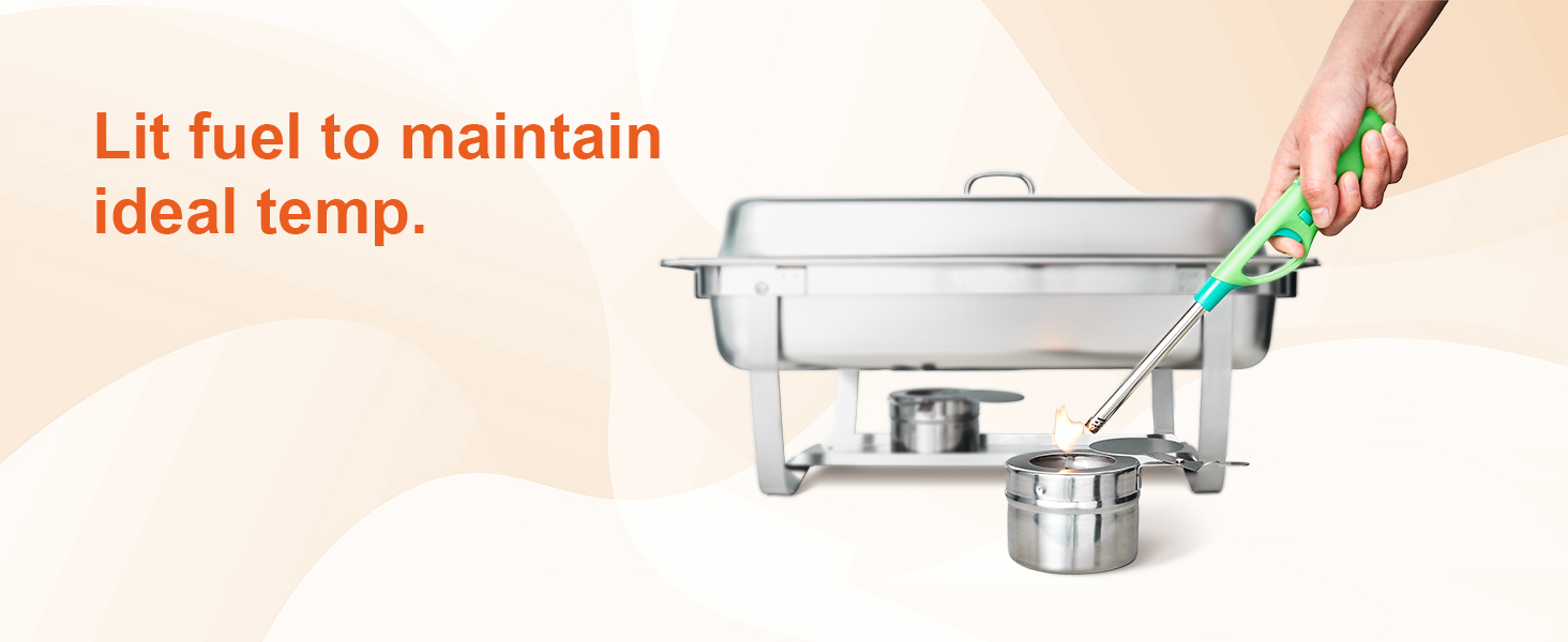 VEVOR chafing dish with lit fuel can and lighter for ideal temperature maintenance.
