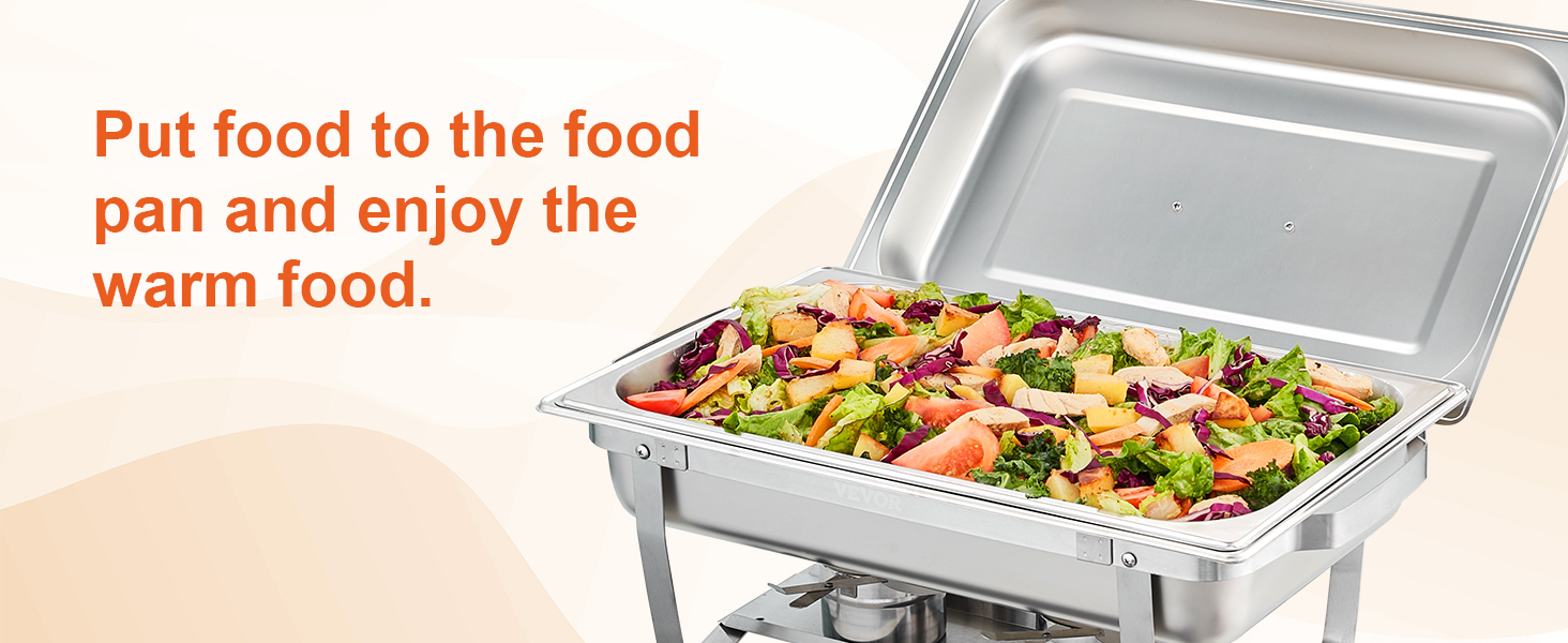 VEVOR chafing dish filled with colorful salad under an open lid with instructions to enjoy warm food.