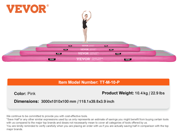 VEVOR gymnastics air mat in pink, model tt-m-10-p, 118.1x39.8x3.9 inch, 22.9 lbs with a gymnast.
