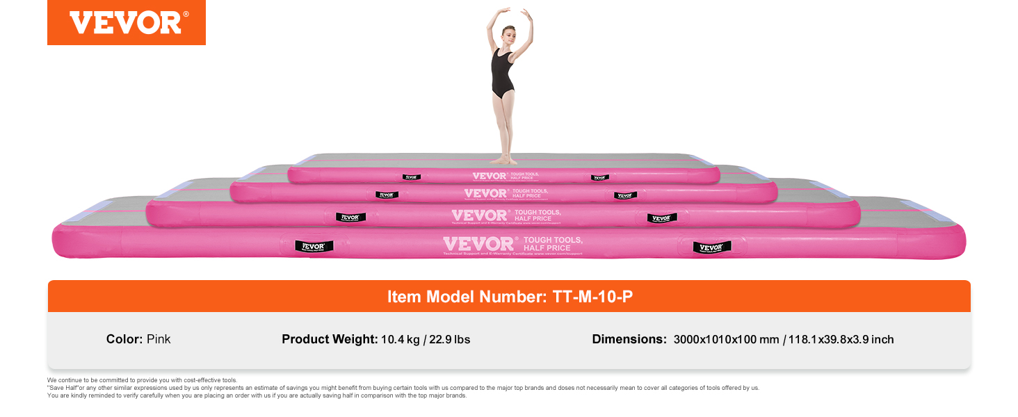 VEVOR gymnastics air mat in pink, model tt-m-10-p, 118.1x39.8x3.9 inch, 22.9 lbs with a gymnast.