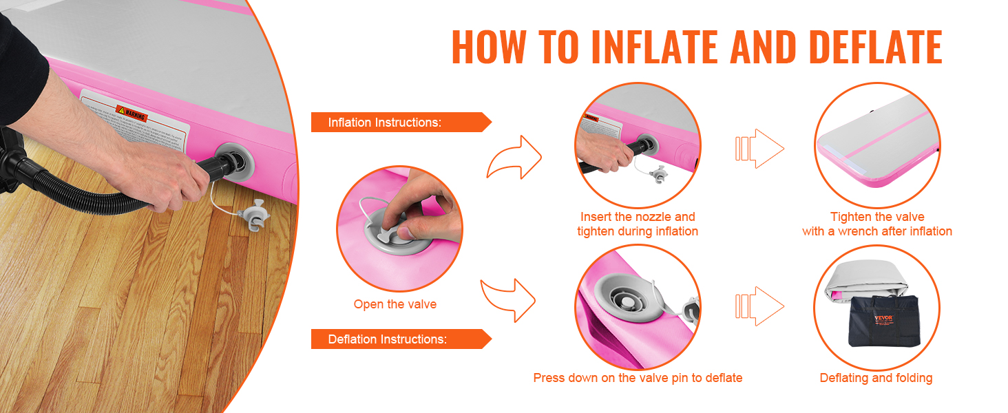how to inflate and deflate VEVOR gymnastics air mat instructions with images on wooden floor.