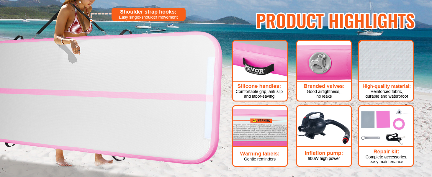 VEVOR gymnastics air mat with silicone handles, branded valves, high-quality material, and repair kit.