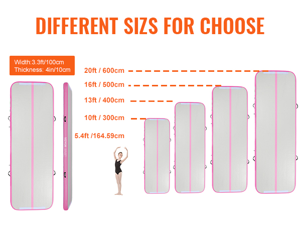 VEVOR gymnastics air mat sizes in pink trim, ranging from 5.4ft to 20ft, width 3.3ft, thickness 4in.