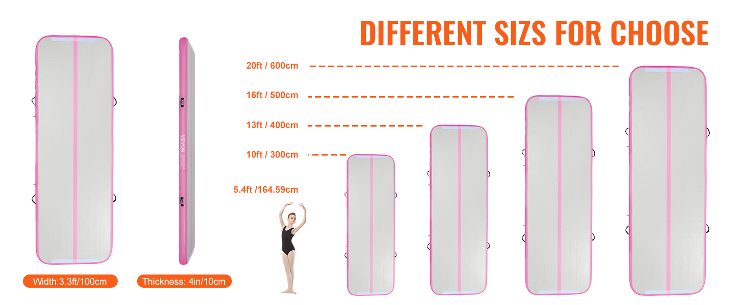 VEVOR gymnastics air mat sizes in pink trim, ranging from 5.4ft to 20ft, width 3.3ft, thickness 4in.
