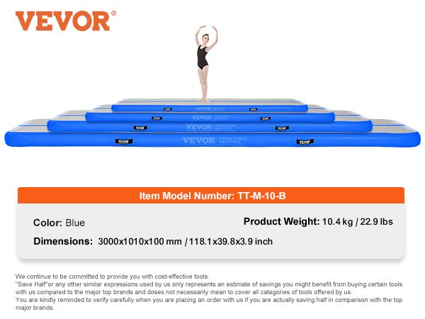 VEVOR gymnastics air mat in blue, varying sizes stacked, with model tt-m-10-b. dimensions: 3000x1010x100 mm.