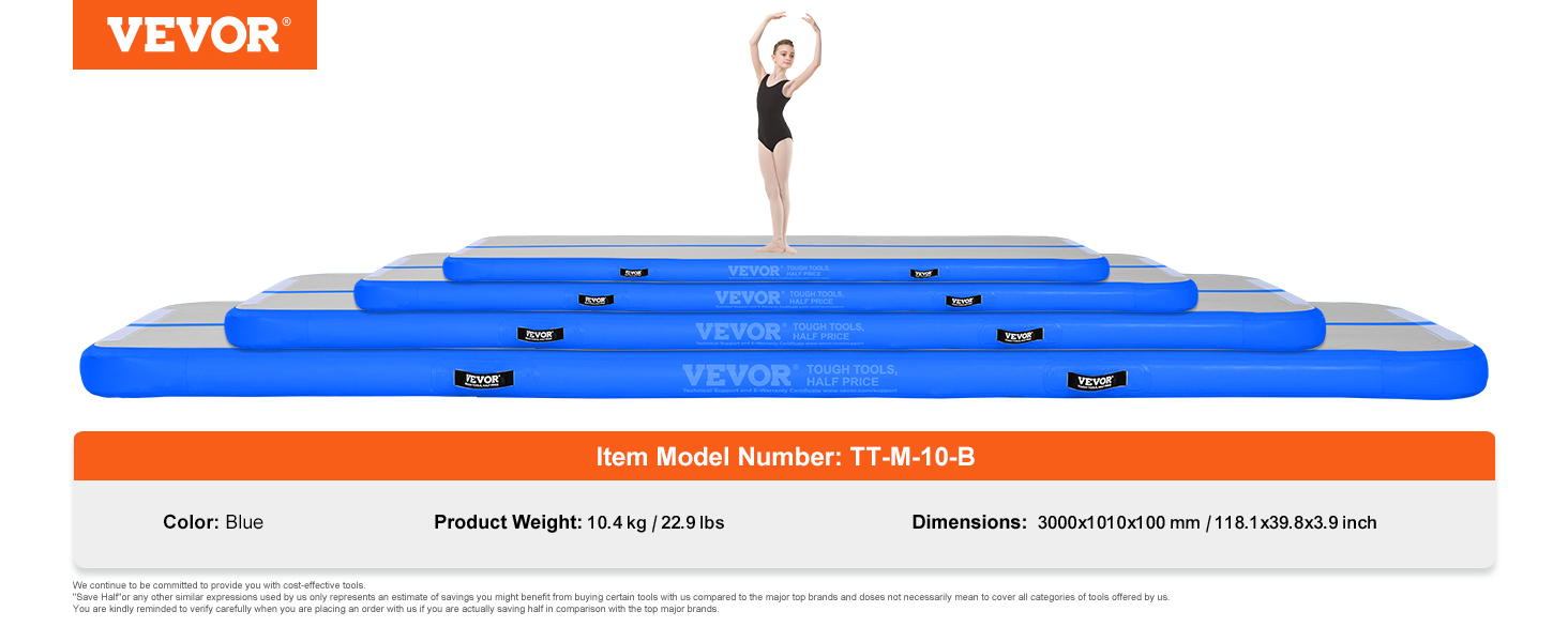 VEVOR gymnastics air mat in blue, varying sizes stacked, with model tt-m-10-b. dimensions: 3000x1010x100 mm.