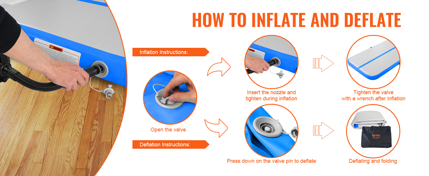 how to inflate and deflate the VEVOR gymnastics air mat with detailed step-by-step instructions and images.