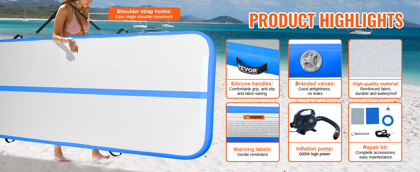 VEVOR gymnastics air mat on the beach with silicone handles, branded valves, and high-quality material.