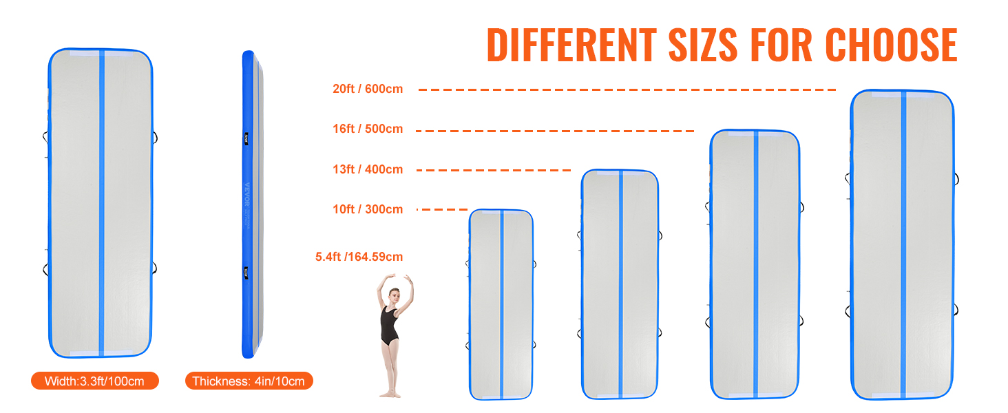 different sizes of VEVOR gymnastics air mat ranging from 5.4ft to 20ft with 3.3ft width and 4in thickness.