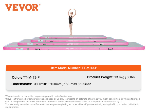 VEVOR gymnastics air mat in pink, model tt-m-13-p, with a gymnast standing on various-sized mats.