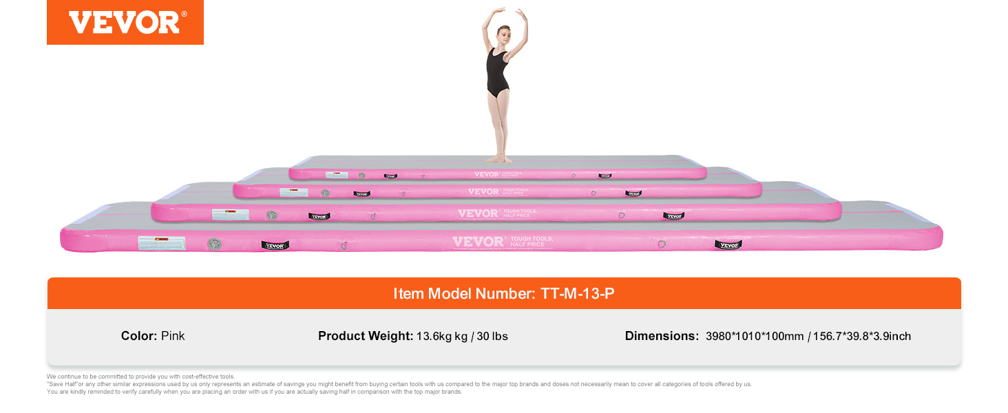 VEVOR gymnastics air mat in pink, model tt-m-13-p, with a gymnast standing on various-sized mats.