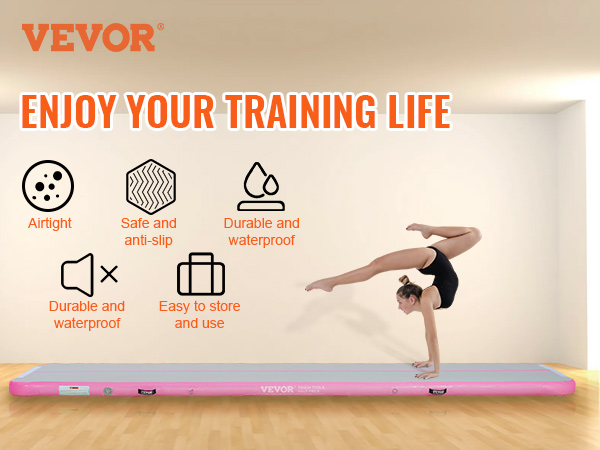 gymnast performing a handstand on a VEVOR gymnastics air mat, promoting airtight, anti-slip, and waterproof features.