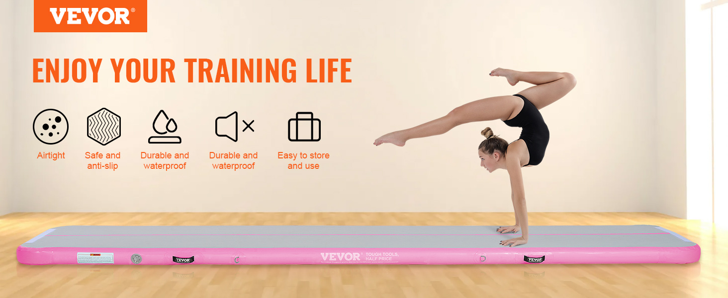 gymnast performing a handstand on a VEVOR gymnastics air mat, promoting airtight, anti-slip, and waterproof features.
