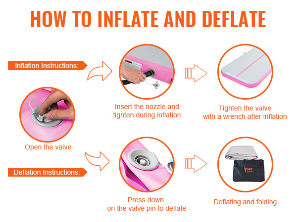 how to inflate and deflate the VEVOR gymnastics air mat with step-by-step instructions.