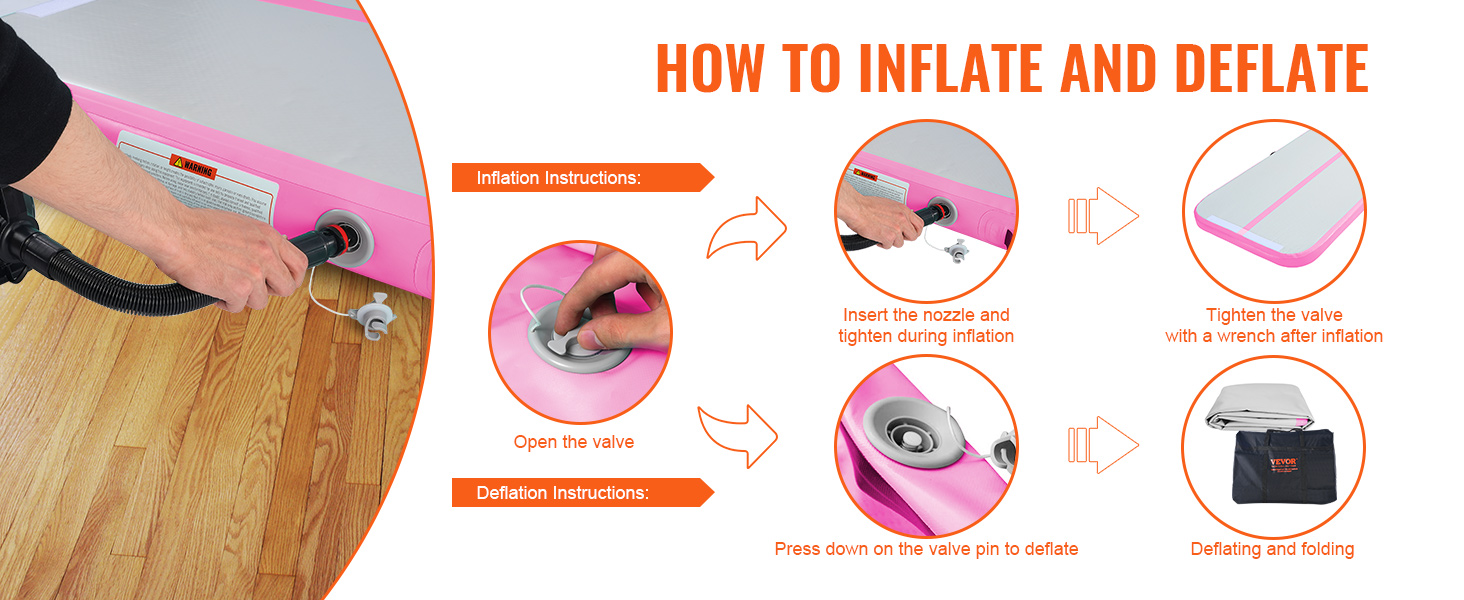 how to inflate and deflate the VEVOR gymnastics air mat with step-by-step instructions.