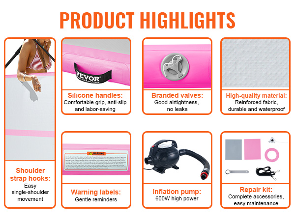 VEVOR gymnastics air mat with silicone handles, branded valves, high-quality material, and repair kit.