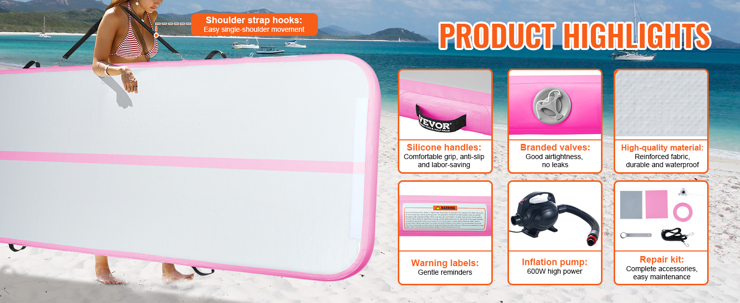 VEVOR gymnastics air mat with silicone handles, branded valves, high-quality material, and repair kit.
