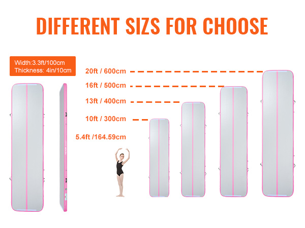 VEVOR gymnastics air mat sizes 5.4ft, 10ft, 13ft, 16ft, and 20ft. width: 3.3ft, thickness: 4in.