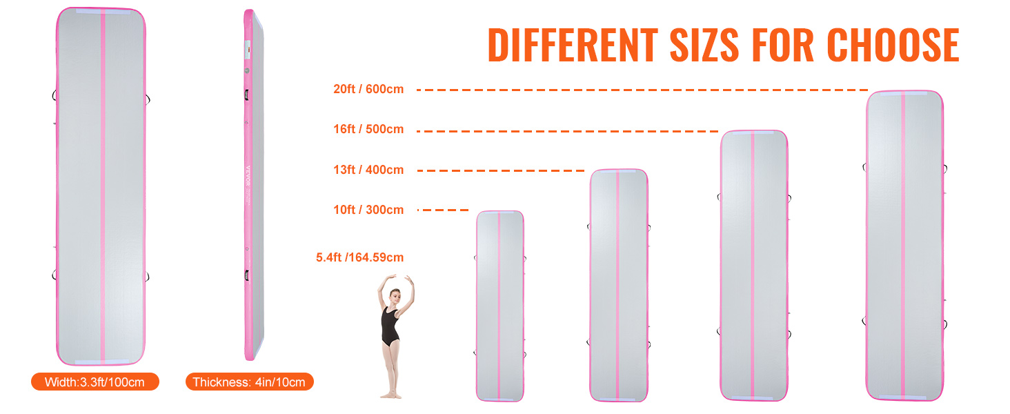 VEVOR gymnastics air mat sizes 5.4ft, 10ft, 13ft, 16ft, and 20ft. width: 3.3ft, thickness: 4in.