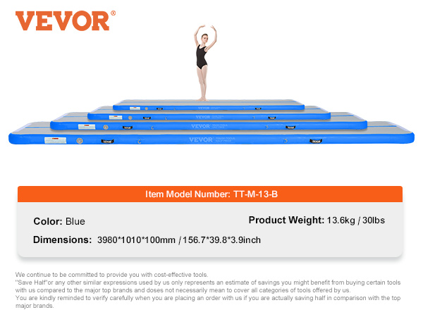 VEVOR gymnastics air mat in blue with model tt-m-13-b, showcasing varying sizes for training flexibility.