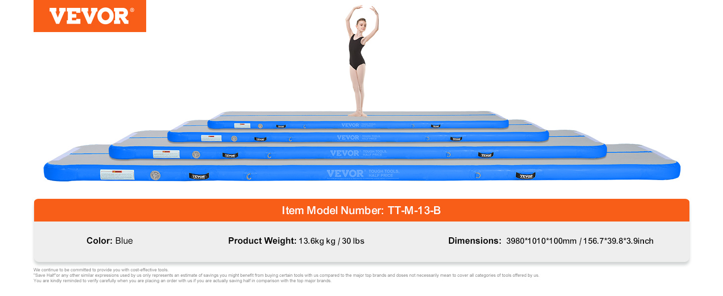 VEVOR gymnastics air mat in blue with model tt-m-13-b, showcasing varying sizes for training flexibility.