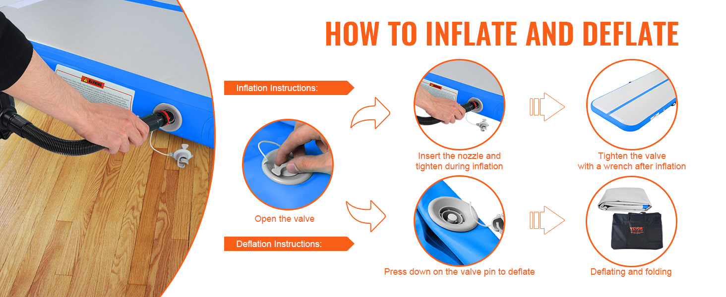 how to inflate and deflate a VEVOR gymnastics air mat with step-by-step instructions and visuals.