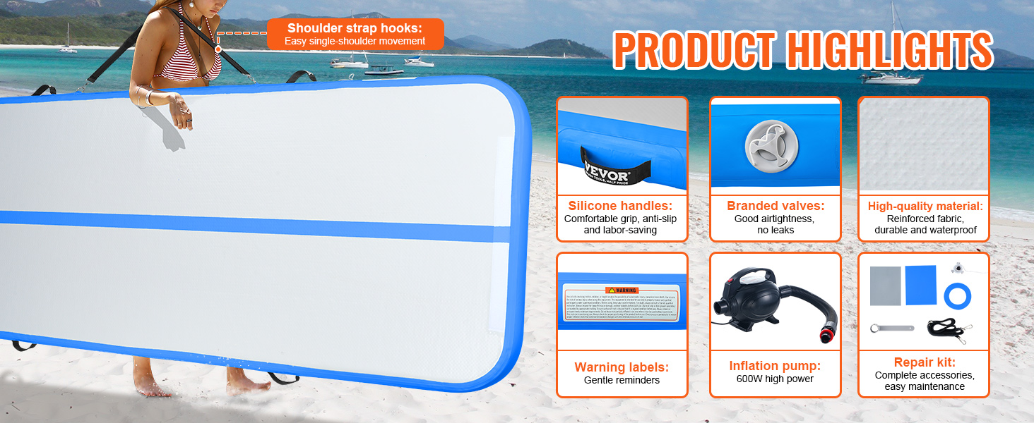 VEVOR gymnastics air mat on the beach with highlighted features: silicone handles, branded valves, high-quality material