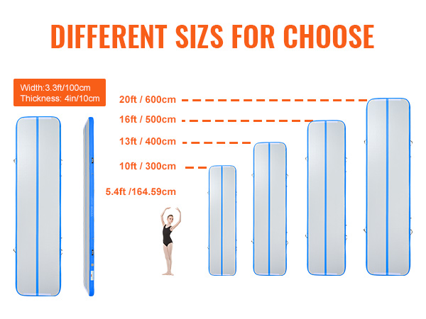 VEVOR gymnastics air mat in various sizes: 20ft, 16ft, 13ft, 10ft, and 5.4ft, with 3.3ft width and 4in thickness.