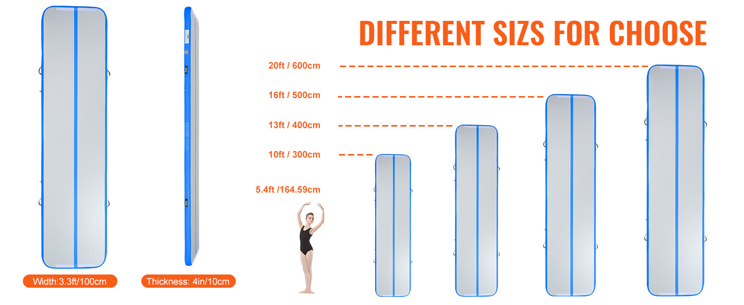 VEVOR gymnastics air mat in various sizes: 20ft, 16ft, 13ft, 10ft, and 5.4ft, with 3.3ft width and 4in thickness.