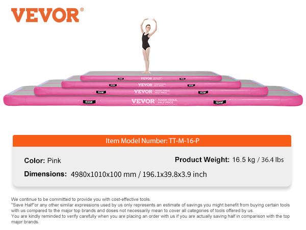 VEVOR gymnastics air mat in pink, model tt-m-16-p, showcasing varying inflatable mat heights.