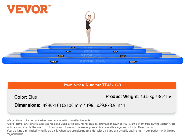 VEVOR gymnastics air mat in blue with model tt-m-16-b, dimensions 4980x1010x100mm, weight 16.5 kg.