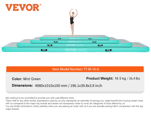 VEVOR gymnastics air mat in mint green with multiple stacked sizes, model tt-m-16-g.