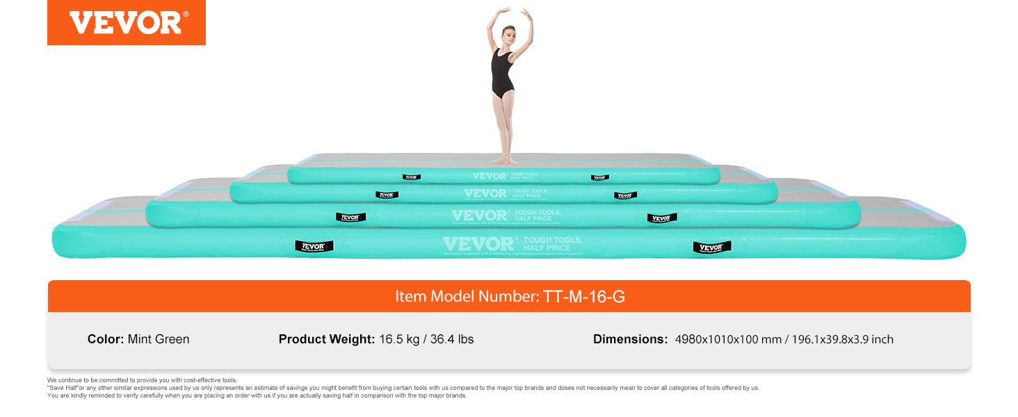 VEVOR gymnastics air mat in mint green with multiple stacked sizes, model tt-m-16-g.